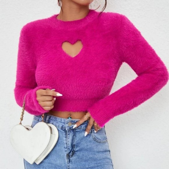Comfy Heart Cut Out soft Fuzzy hot pink knit Sweater top - Picture 2 of 6